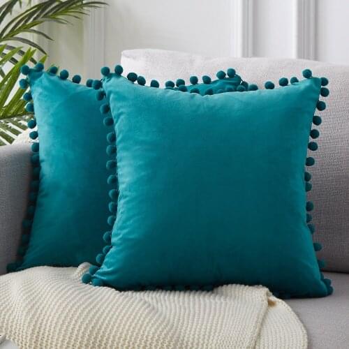 Soft Velvet Cushion Covers Solid Pillowcases Square Decorative Pillows With Balls For Sofa Bed Car Home Throw Pillow Teal Pink