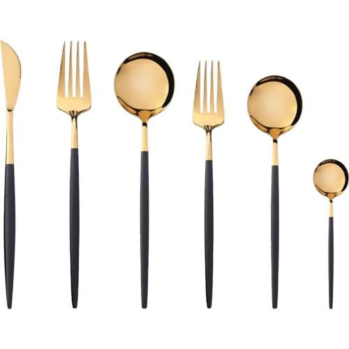 6pcs Dinner Set Dinnerware Cutlery Tableware Gold Black Stainless Steel Utensils Dessert Knife Spoon Fork Kitchen Silverware