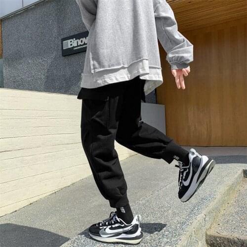 2021 Autumn New Overalls Mens Ankle-Tied Sweatpants Multi-Bag Sports Pants Solid Color Large Pocket Loose Casual Sports Pants
