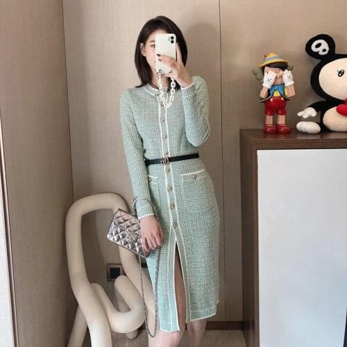 Dress Long Sweater Cardigan Women Single Breasted Spring New Fashion Pink Green Striped Knitting Clothes High Street Vintage Y2K