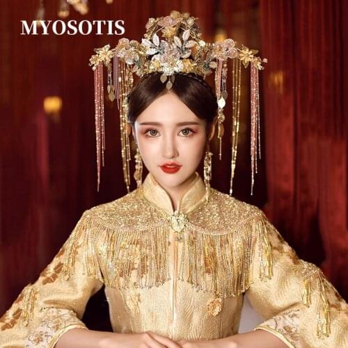 Luxury Chinese Phoenix Bridal Crowns Gold Crystal Queen Princess Headpiece Stage Performance Wedding Party Hair Accessories