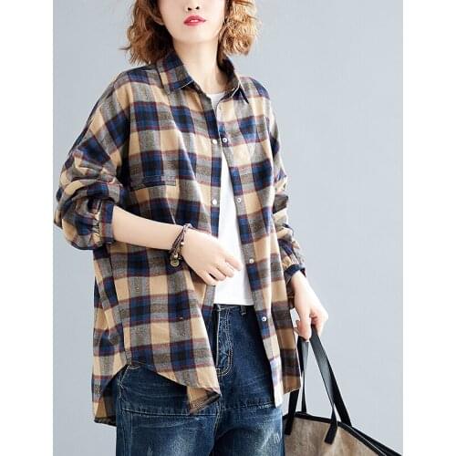 Plaid Shirt Plus Size Women Spring Clothes Korean Casual Loose Slim Cardigan Button Up Blouse Dropshipping