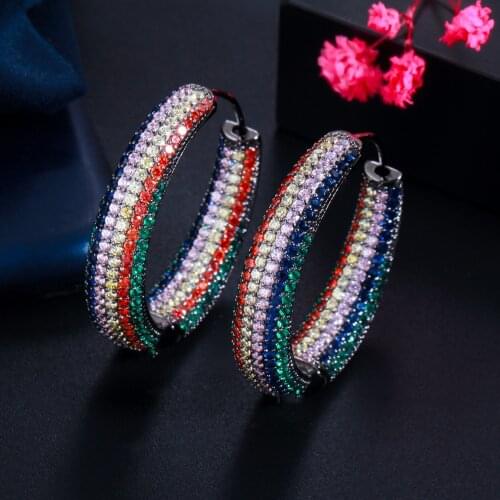 Black Gold Color Blue Red CZ Pave Setting Round Large Hoop Earrings For Women Statement Party Wedding Punk Fashion Jewelry