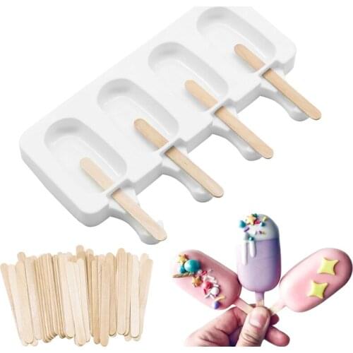 4Cell Silicone Ice Cream Mold With Wooden Pop Popsicle Stick For Home Kitchen DIY Ice Pastry Maker Frozen Fruit Juice Mould Tray