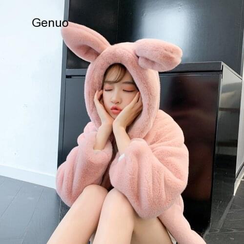 Cute Hooded Rabbit Ears Plush Plush Thick Rex Rabbit Fur Coat 2020 Autumn Winter New Womens Sweet Style Flurry Overcoat
