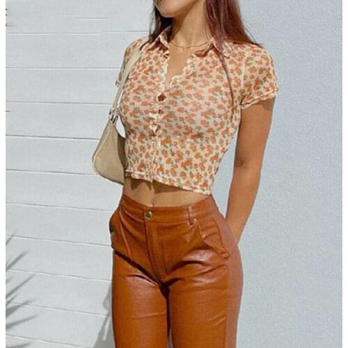 Vintage Y2K Retro Floral Print Mesh Crop Tops 90s Aesthetics Ruffles Buttons Short Sleeve T-shirts Transparents Summer