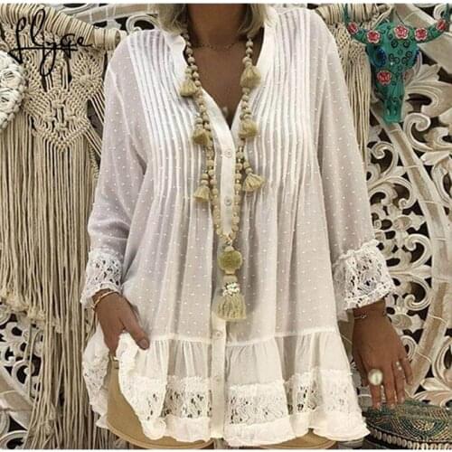 Womens Lace Chiffon Tunic Polka Dot Shirt Plus Size 5XL Ruffled Hollow Out Tunics 2021 Spring Summer Harajuku Pleated Shirts