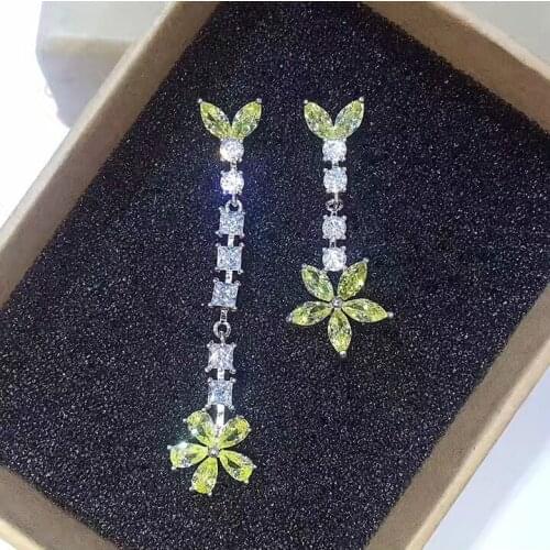 Copper AAA cubic zirconia Asymmetrical AB design leaf flower long earrings for women fashion ear line accessories brincos