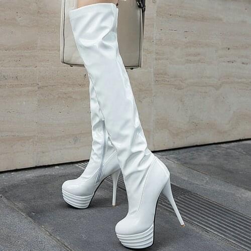 2020 Patent PU Leather Women Over the Knee Boots Platform Thin High Heel 14cm Women Long Boots Sexy Night Club Women Zipper Shoe