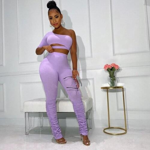 Womens Solid One Shoulder Hollow Crop Top Sexy Matching Suit Summer High Waist Ruched Long Trousers Tracksuit Fitness Sweatsuit