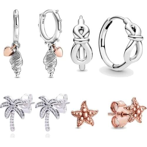 925 Sterling Silver Infinity Knot Rose Heart & Conch Shell Beaded Starfish Coconut Tree pandora Earrings For Women Jewelry Gift