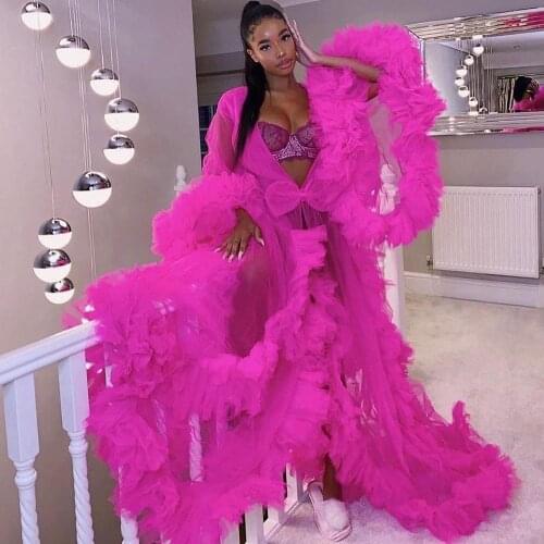 Gorgeous Fuchsia Ruffles Long Pregnant Prom Gowns Women Robe See Through Tulle A-line Puffy Maternity Dress Photoshoot Vestidos