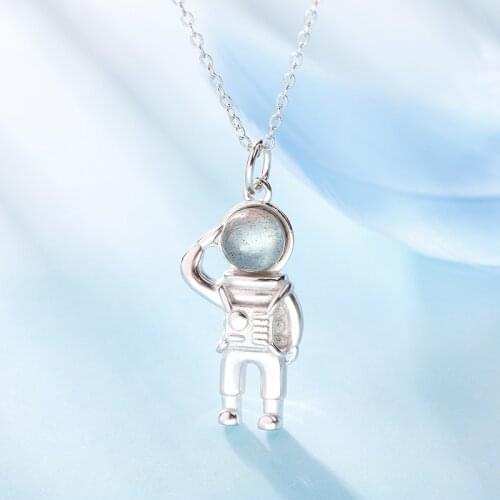 BOEYCJR 925 Sterling Silver Astronaut Shap Necklace&Pendant Fine Jewelry Energy Natural Moonstone Necklace For Women
