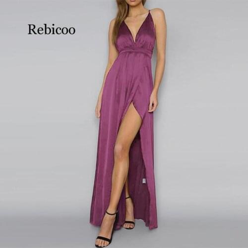 Rebicoo Maxi Backless Party Dress Women Candy Colors Sexy Cross Back Wrap High Slit Summer Dresses Female Elegant Long Dress