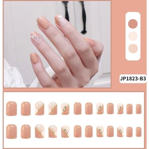 24pcs Diamond Inlaid Nails Patch Glue Type Short Paragraph Removable Fashion Manicure False Nails Patch TN