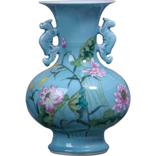 Antique Jingdezhen Celadon Vase Furnishing Articles Blue Glaze Peony Flower Study Decorative Ceramic Arts and Crafts