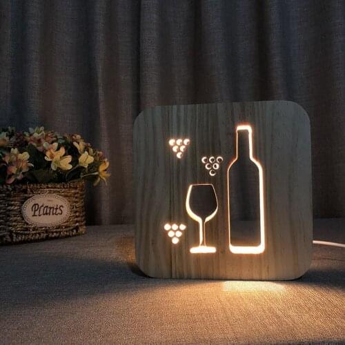 Wine Glass and Bottle 3d Wooden Lamp Solid Wood Hollow Carving Night Light Usb Table Desk Lamp for Home Restaurant Decor