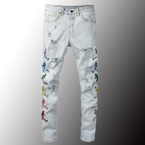 New Mens Stretch Denim Jeans Streetwear Ghost Embroidery Light Blue Slim Skinny Pencil Pants Ripped Trousers Plus Size 40