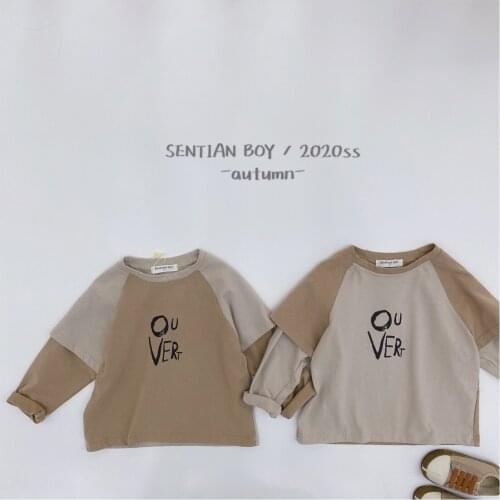 Autumn Boy Long Sleeve Tshirt Kids Fashion Cotton Splicing Tops Letter Print Fake Two Tshirt for Baby Boy 3-7 Y Children Clothes