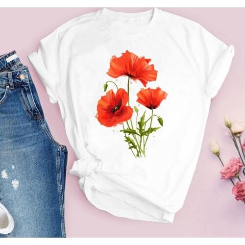 Women T-shirt Fashion Flower Pattern Print T Shirt Casual Graphic O-neck Kawaii Tshirts 90s Floral Ladies Girls Tees Top