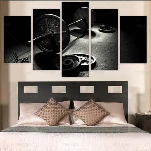 Canvas Painting 5 Piece Gym Barbells Poster Fitness Equipment Home Decor Wall Pictures for Living Room framed