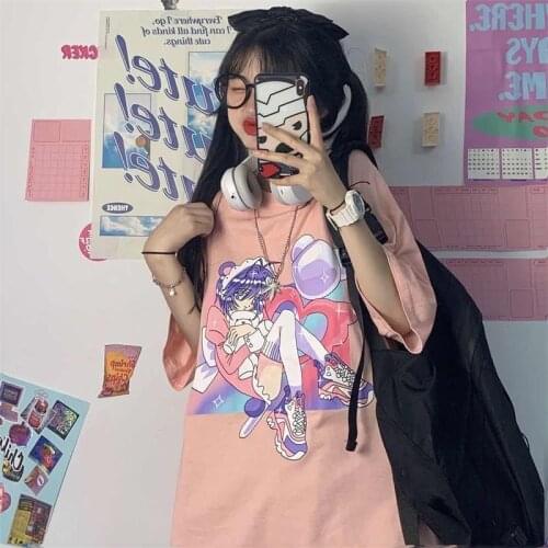 Summer Harajuku Style Womens T-shirt Kawaii Lovely Pink Japanese Streetwear Clothes Y2K E-girl Grunge Kpop
