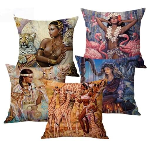 Vintage African Indian Sexy Girl Women Wild Animals Oil Painting Art Home Decorative Throw Pillow Case Linen Sofa Cushion Cover