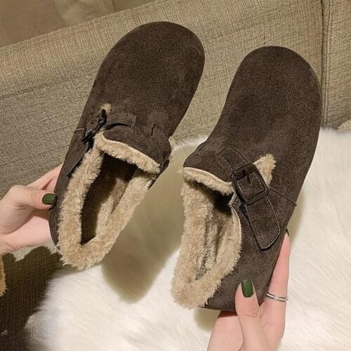 2021 New Solid Color Short Boots Buckle Strap Women Shoes Furry Plush Slip-on Flat Footwear Winter Warm Booties Female Snow Boot