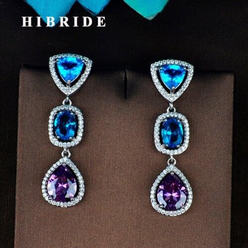 HIBRIDE Charming Blue Cubic Zirconia Drop Earrings Besutiful Water Shape Stone Brincos Boucle For Noble Women Party Gifts E-780
