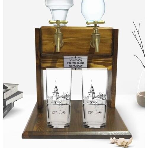 Personalized Colorful Printed Girl Tower Design Dual Arrack Cup and Double Tap Natural Wood Rack Standı-2