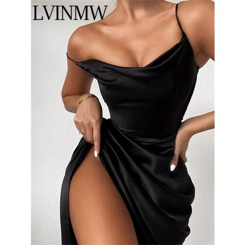 LVINMW Sexy Slim Solid Satin Slash Neck Sleeveless Dress Side Split Pleated Fashion Elegant Dresses Women Temperament Club Party