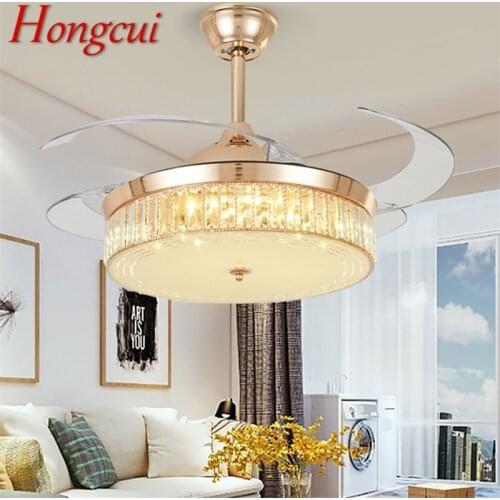 Hongcui Ceiling Fan Light Invisible Gold Luxury Crystal LED Lamp With Remote Control Modern For Home