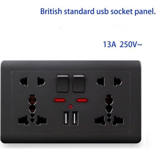 EU Standard Usb Socket, Gray Embedded Panel,2.1A Dual USB Port, AC 110-250V, UK Wall Power Socket Universal 5 Hole Outlet
