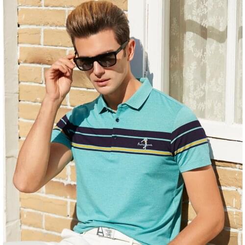 2020 Summer New striped Men Fold-down Collar Deer Pure Cotton Polo Shirt Large Size Casual Business Short-sleeved Polo Shirt