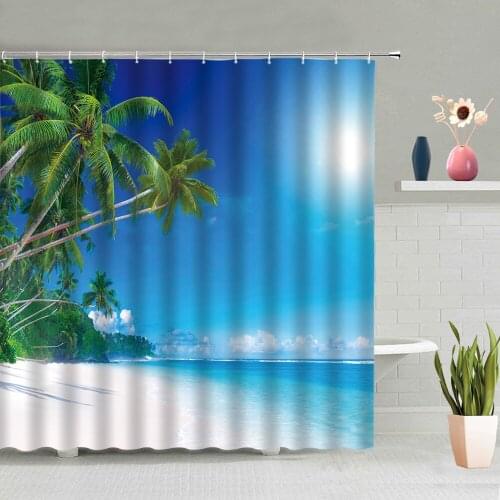 Ocean Beach Shower Curtain Palm Tree Plant Summer Scenery Bathroom bathing Curtains Washable Hanging With Hooks Set Home Decor