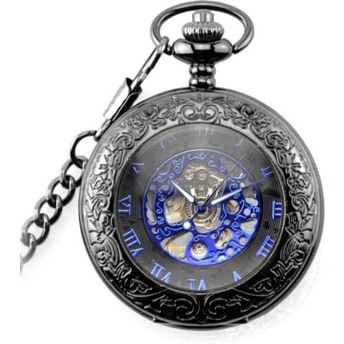 Blue Clock Skeleton Watch Automatic Mechanical Pocket Watch Men Vintage Hand Wind Clock Necklace Pocket & Fob Watches With Chain