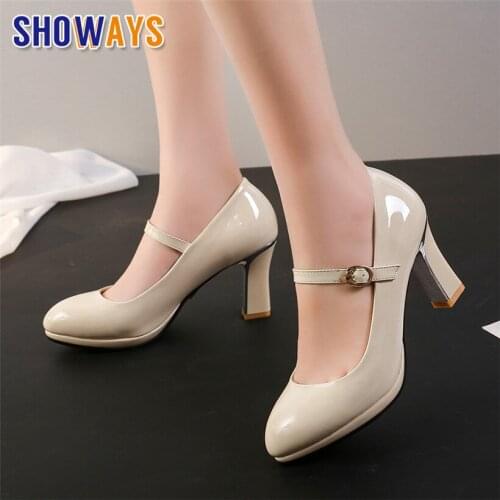 Elegant White Women Platform Pumps 6cm High Chunky Heel Beige Patent Leather Wedding Party Office Ladies Buckle Strap Mary Janes