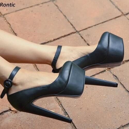 Rontic Handmade Women Platform Pumps Ankle Strap Sexy Stiletto Heels Round Toe Elegant Black Dress Shoes Women US Size 5-20