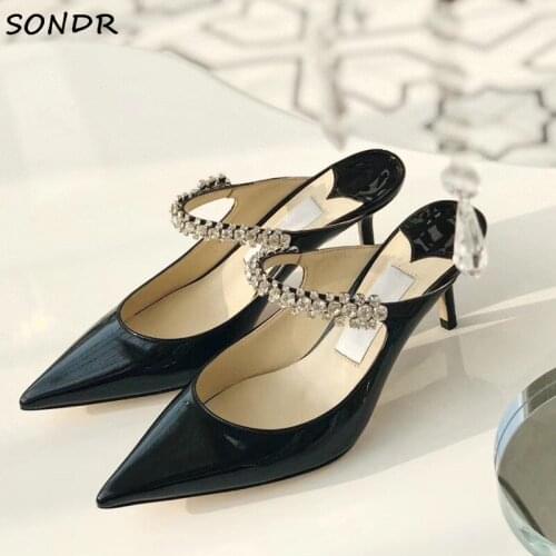 Womens Fashion Rhinestone Strap High Heels Sandals Sexy Ladies Pointed Toe Slingback Pumps Leather Designer Wedding Shoes 2021