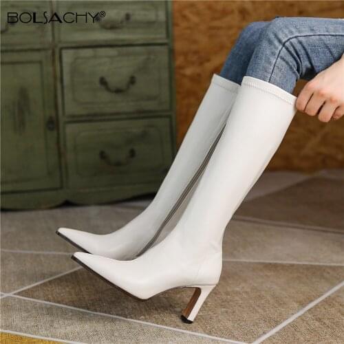 Size 32-43 Knee High Boots Women 2021 Autumn Winter Shoes Fashion Pointed Toe Zip High Heel Boots Ladies Footwear Beige Black