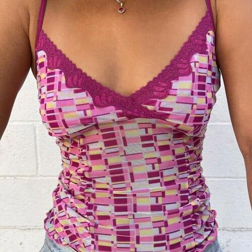 Y2k Plaid Print Lace Patched Sexy V NeckCrop Top Camis 2021 Summer Clothes for Women Backless Girls Strap Party Shirt