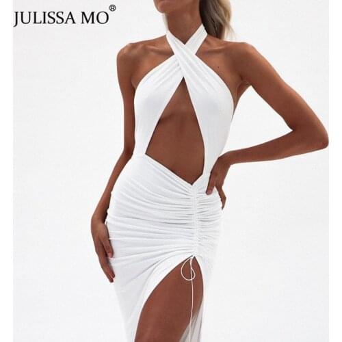 Julissa Mo Sexy Hollow Out Backless Summer Beach Dress Sleeveless Halter High Split Long Dresses White Sexy Club Party Vestidos