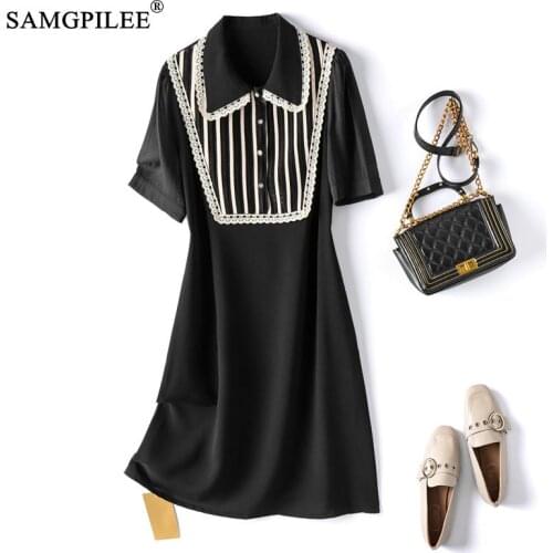 Dress woman 2021 Summer Fashion Peter Pan Collar Patch Vertical Pattern Short sleeve Korean Style women Dresses plus size 4XL