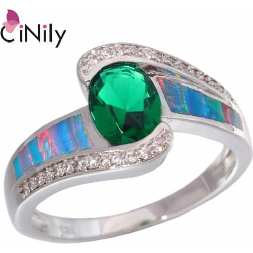 CiNily Created Rainbow Fire Opal Green Stone Cubic Zirconia Silver Plated Wholesale For Women Jewelry Gift Ring Size 6-9 OJ9234