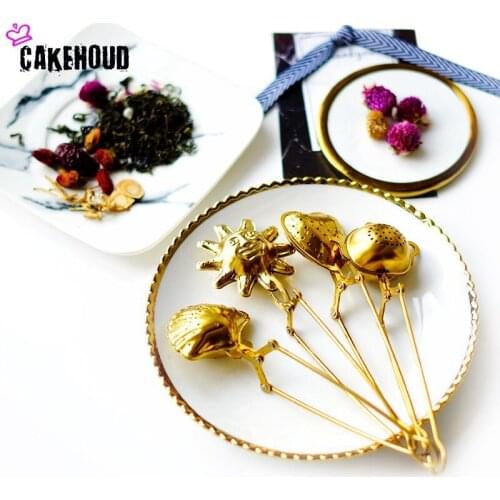 Gold Tea Infuser Strainer Stainless Steel Loose Leaf Filter For Tea Ball Bag Mesh Long Handle Star Moon Teapot Shape Gift