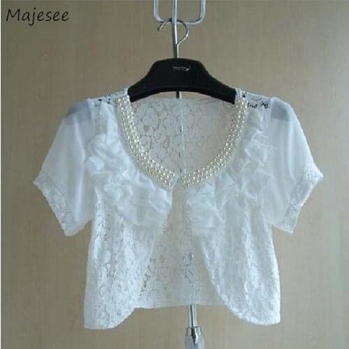 Blouses Women Cropped Ruffles Lace French Style Girlish Size M-5XL Feminine Short Sleeve Elegant Lady Sun-proof Clothing Female