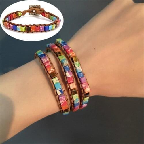 Artificial Leather Bracelet Womens Tube Beads Chakra Natural Stone Gift Bangle Wrap Jewelry