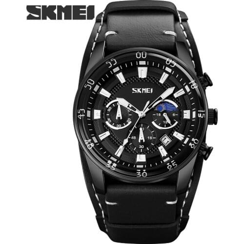 Original Quartz Watch Fashion Luxury Dress Mens Watches Moon Phase Stopwatch Wristwatches Leather Strap Business Quartz Hour