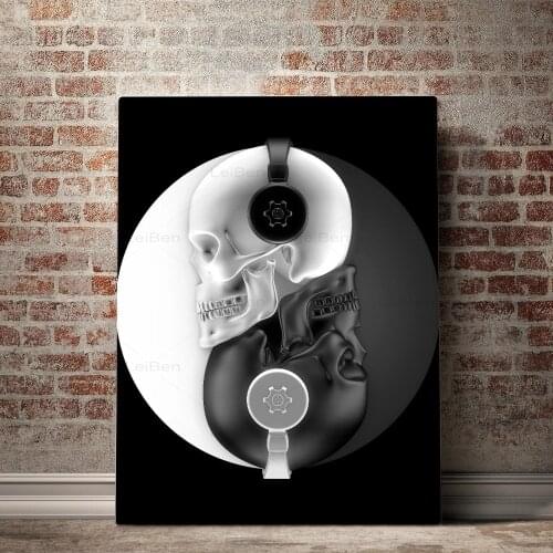 Nordic Skull Gossip Headphone Black and White Art Poster Canvas Painting Modern Home Decoration Living Room Mural Without Frame