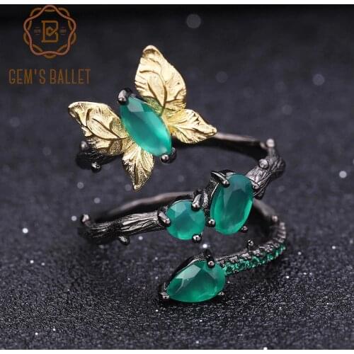 GEMS BALLET Natural Green Agate Butterfly Ring 925 Sterling Silver Vintage Rings Original Handmade Bijoux for Women Jewelry